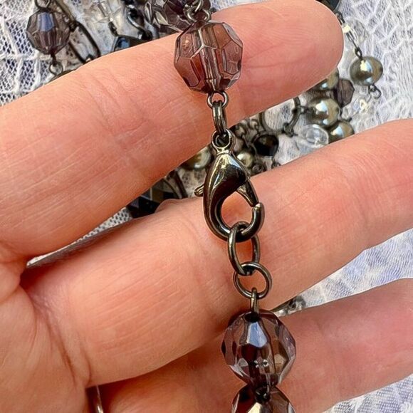 Multi-Layered Black Gunmetal & Silver Multi-strand Beaded Waterfall Necklace - Picture 9 of 12